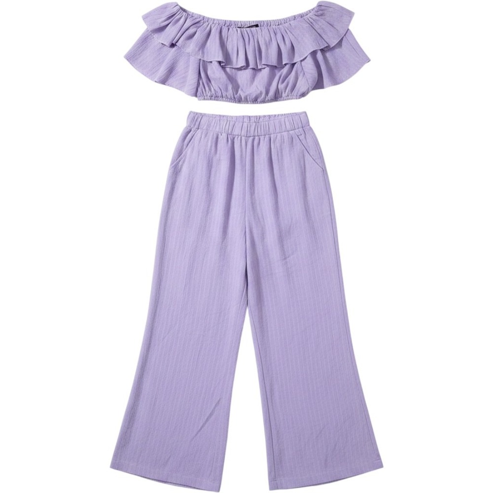 Shein Womens Lilac 2 Piece Set Ruffle Off‎ Shoulder Crop Top WideLegPantsSize M